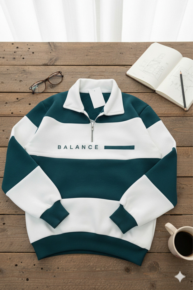 Unisex Polo Collar Zippered Balance Printed Petrol Blue White Sweatshirt