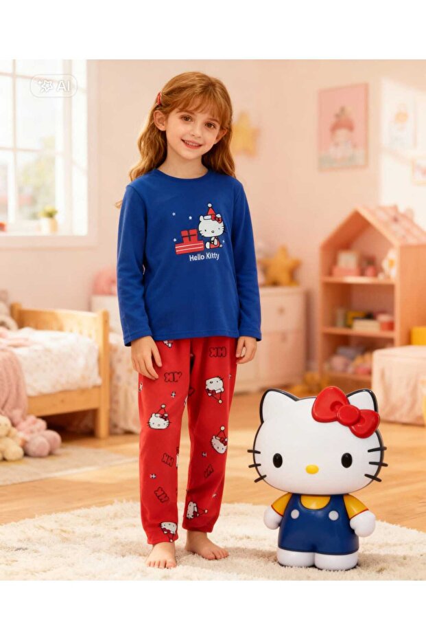 Hello Kitty Navy Blue Red Fleece Girls' Pajama Set Winter Soft