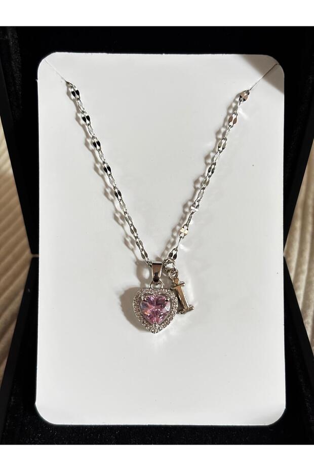 Steel Pink Heart Letter I Women's Necklace