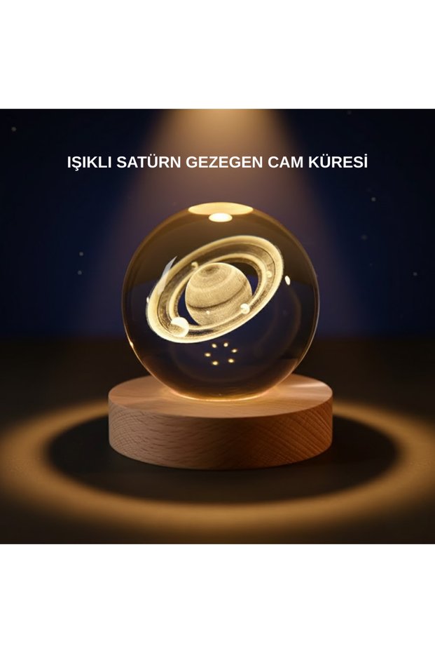 Saturn Patterned Crystal Ball Led Night Light with Wooden Stand -