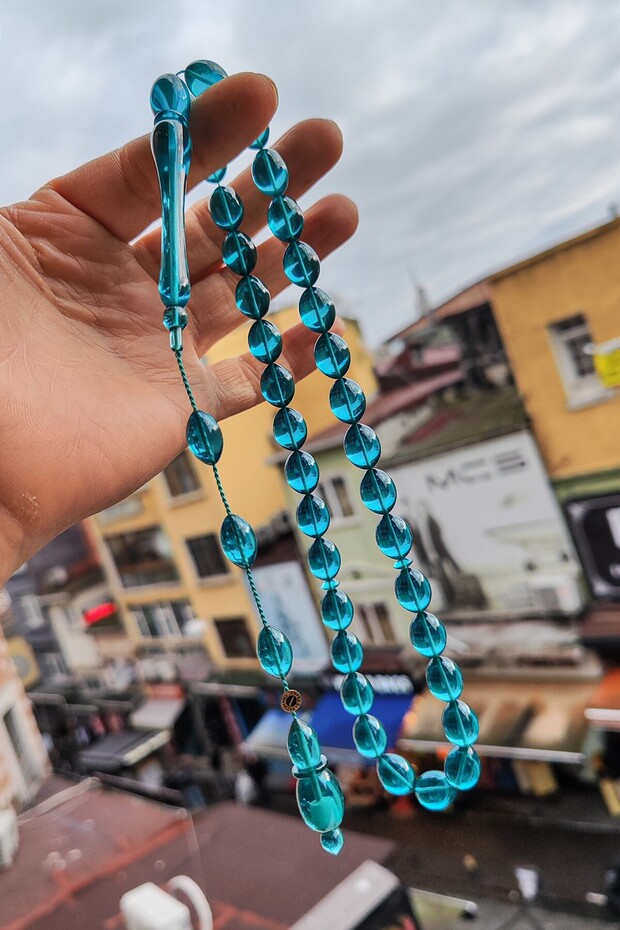 10X13 mm Blue Dice Amber Prayer Beads - Signed by Master Fatih Erbabacan