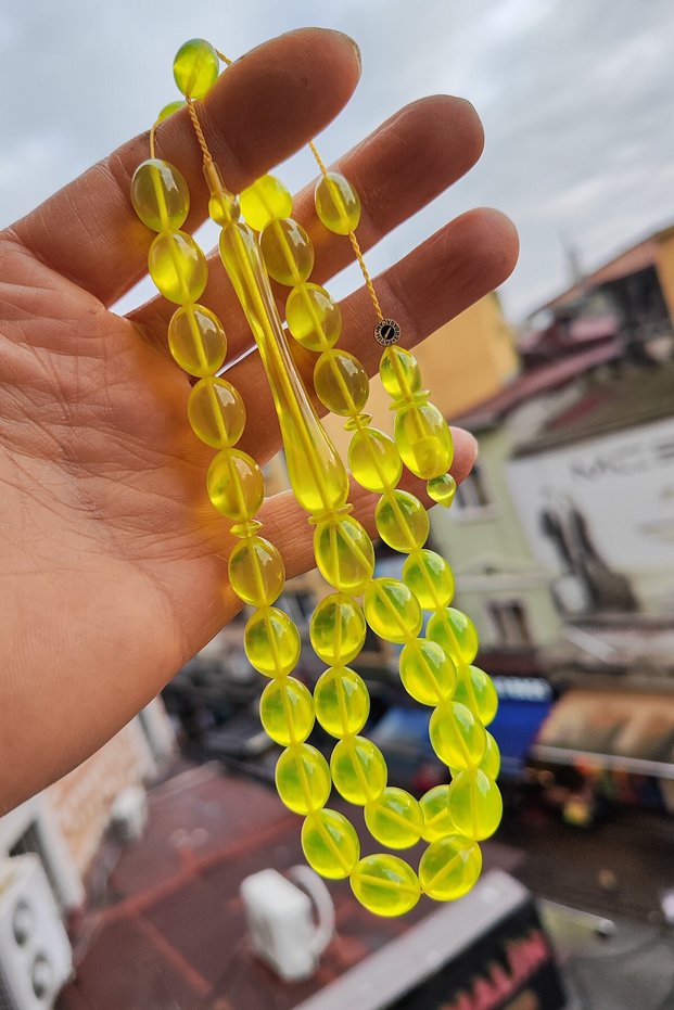 10X13 mm Lemon Zircon Amber Prayer Beads - Signed by Master Fatih Erbabacan