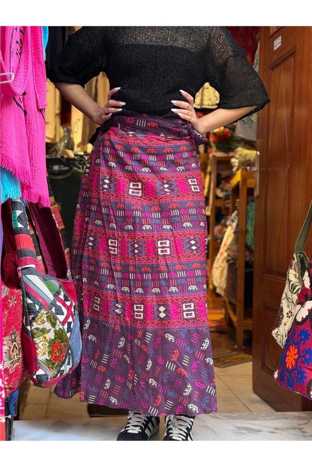 Purple Colorful Ethnic Patterned Wrap Skirt