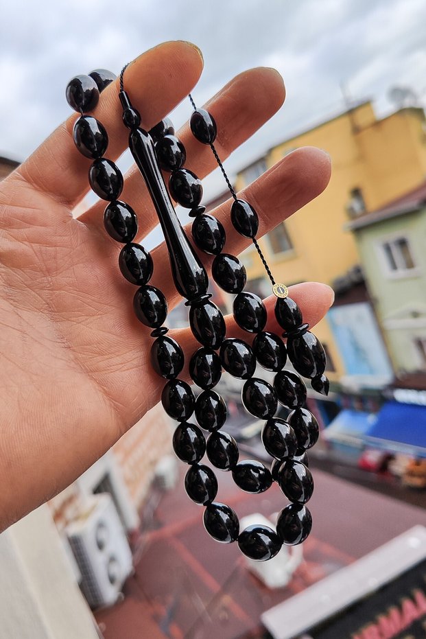 10X13 mm Black Crimped Amber Prayer Beads - Signed by Master Fatih Erbabacan