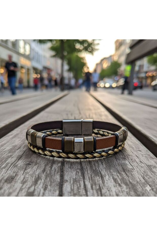 Father's Day Special Brown Leather Men's Bracelet with Metal and Mesh Detail
