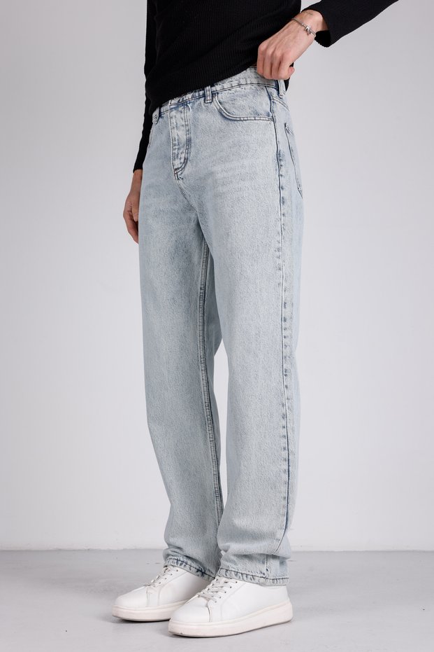 Men's Baggy Denim Pants High Waist Loose Fit Casual Comfortable Jean Ice Blue Snow Wash
