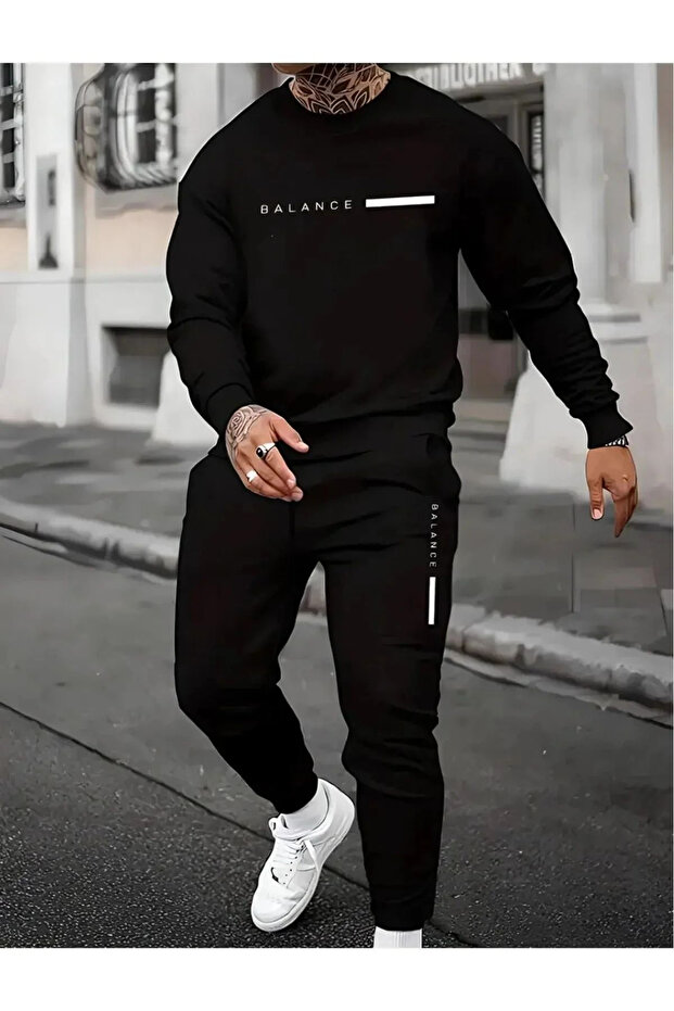 Men's New Season Balance Printed Crew Neck Sweatshirt-Sweatpants Set