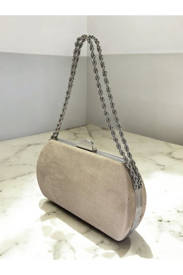 Beige Luxury Suede Crystal Stone Metal Handle Chain Women's Evening Dress Bag Wedding Engagement Graduation
