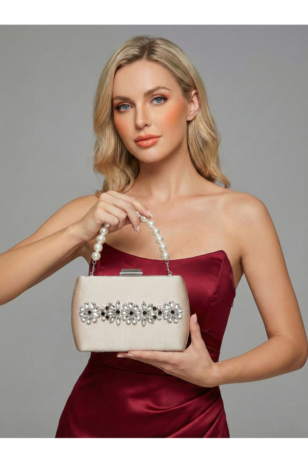 Beige Luxury Suede Crystal Stone Metal Handle Chain Women's Evening Dress Bag Wedding Engagement Graduation