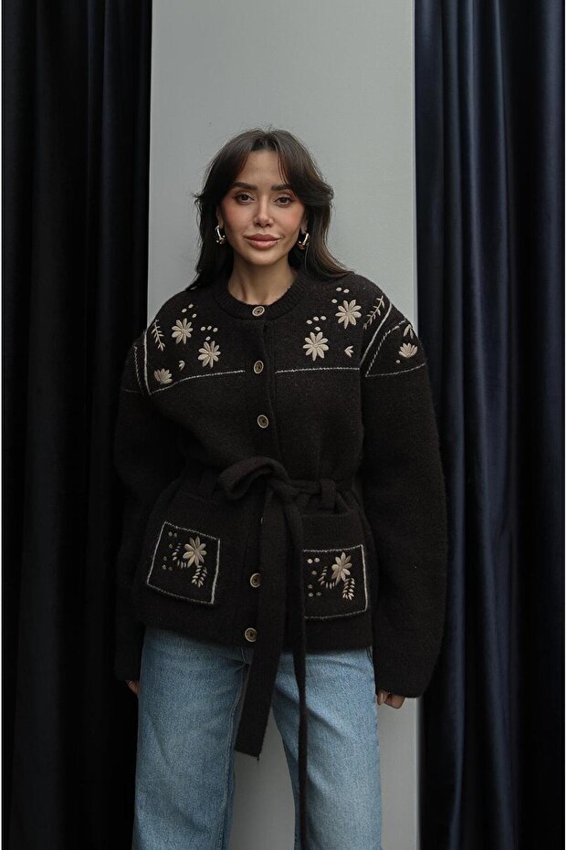 Bitter Brown Embroidered Floral Belted Cardigan