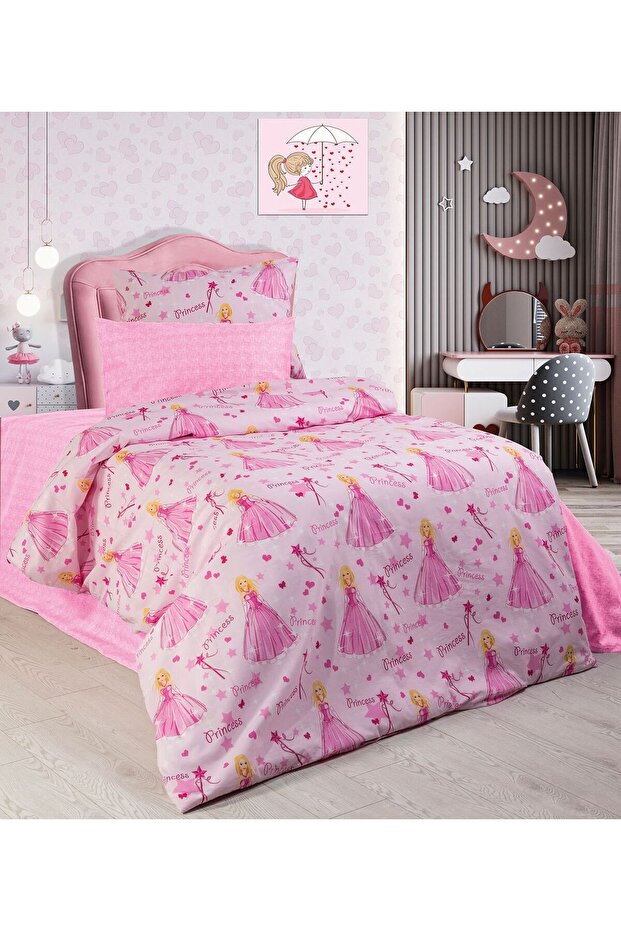 Cotton Princess Girl Pattern Single Duvet Cover Set with Elastic Sheet and 2 Pillows