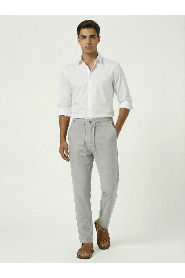 Light Gray Men's Woven Trousers with Buttoned Front Placket, Zippered Back Pockets, Regular Fit Jogger Pants