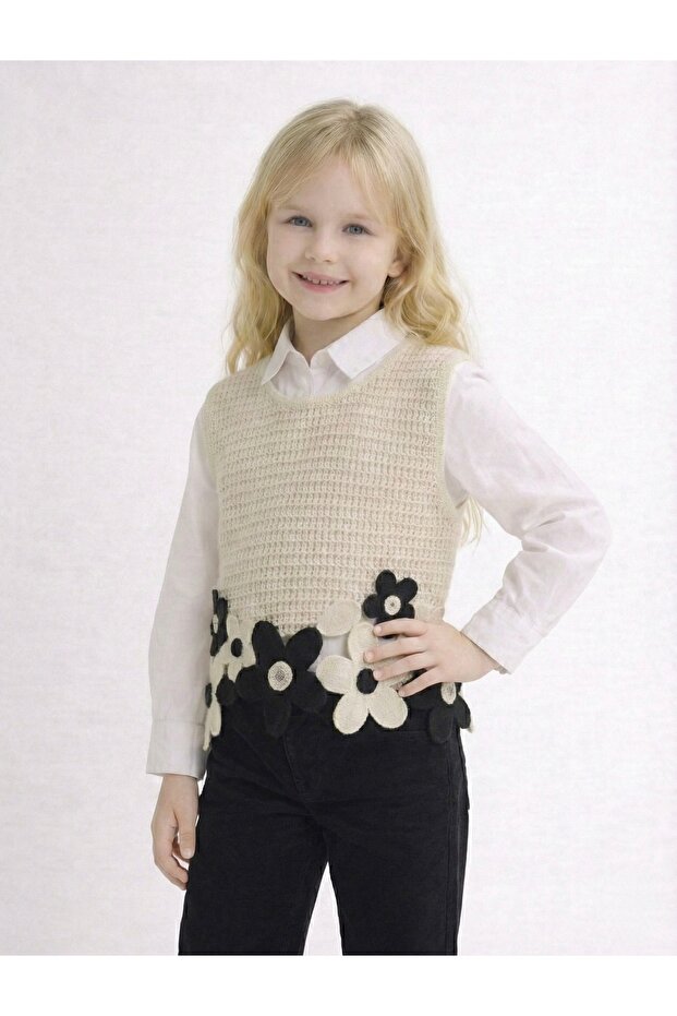 Papatya Motifli Örme Süveter - 3