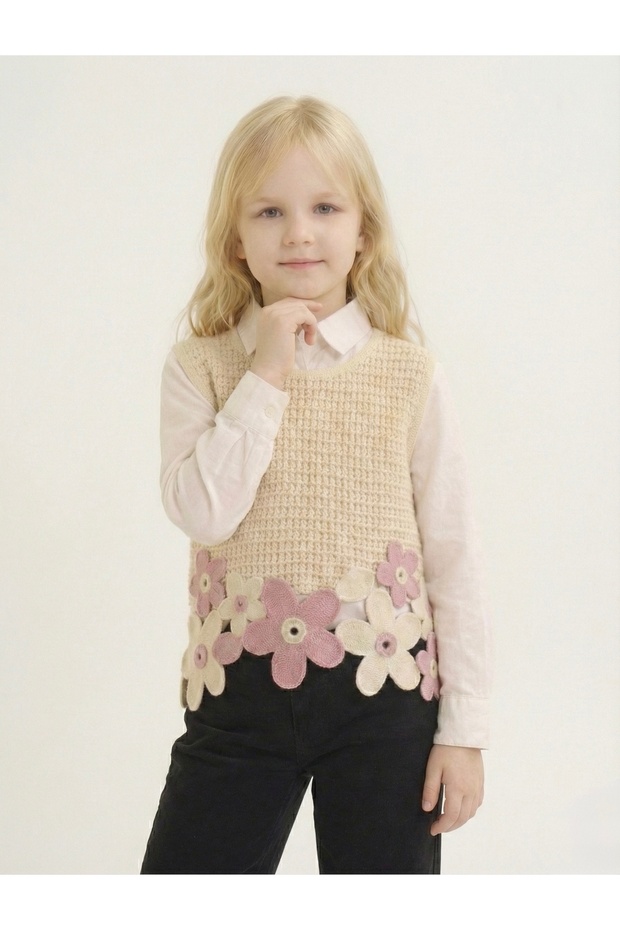 Papatya Motifli Örme Süveter - 3