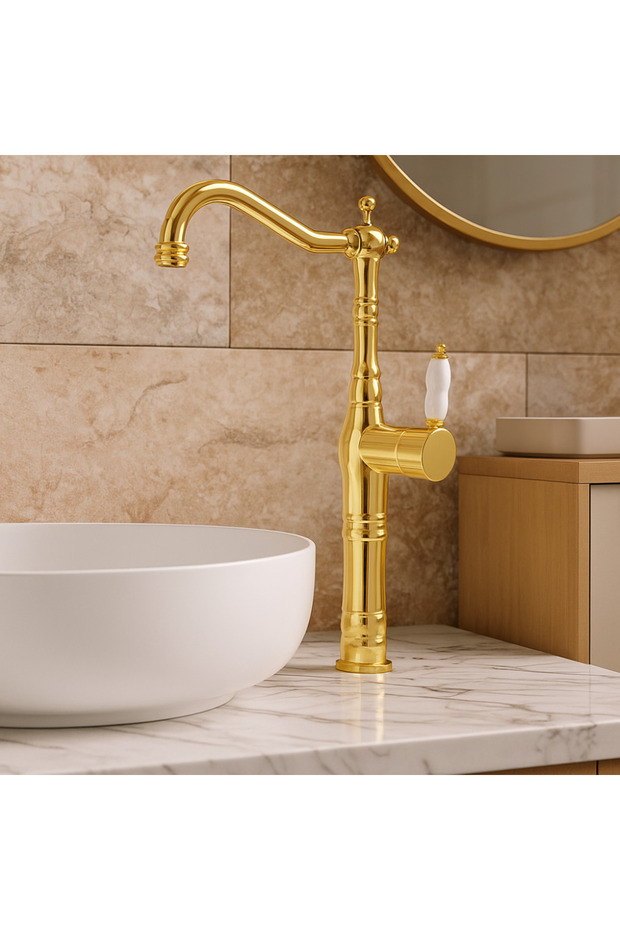 Valent Altın Gold Bowl Sink Faucet – Classic Ceramic Handle, High Model