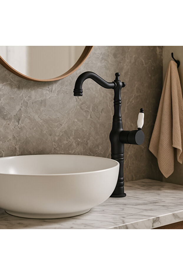 Valent Matte Black Bowl Sink Faucet – Classic Ceramic Handle, High Model