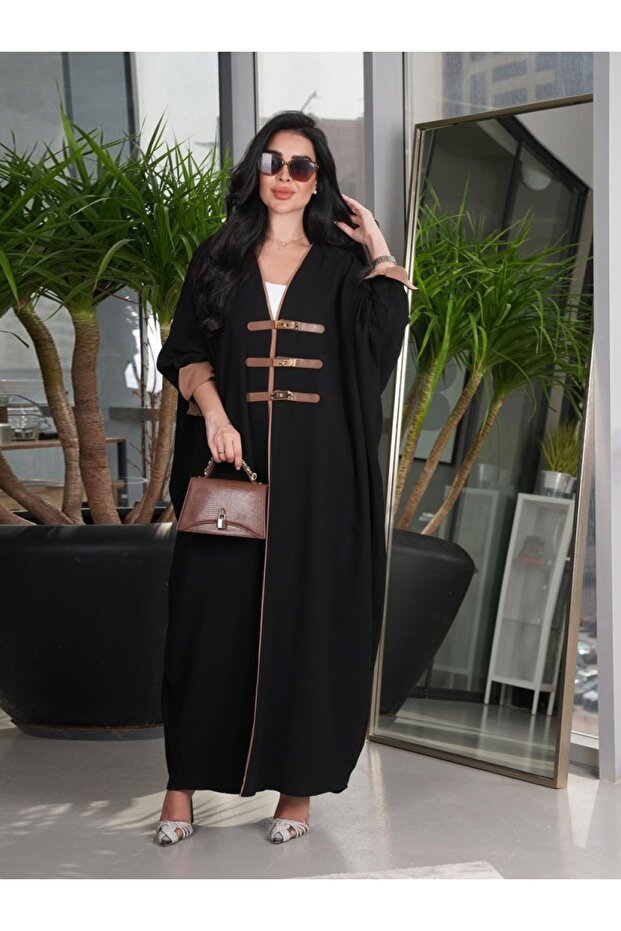 Fashionable Leather Buttoned Cardigan Abaya