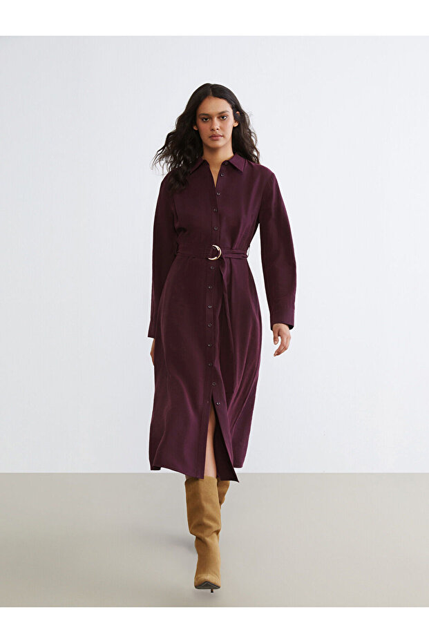 Burgundy Belted Shirt Dress