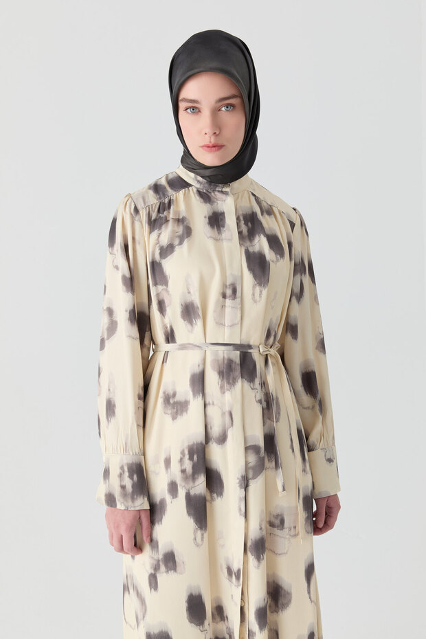 Fırça Desenli Elbise - Krem - 2