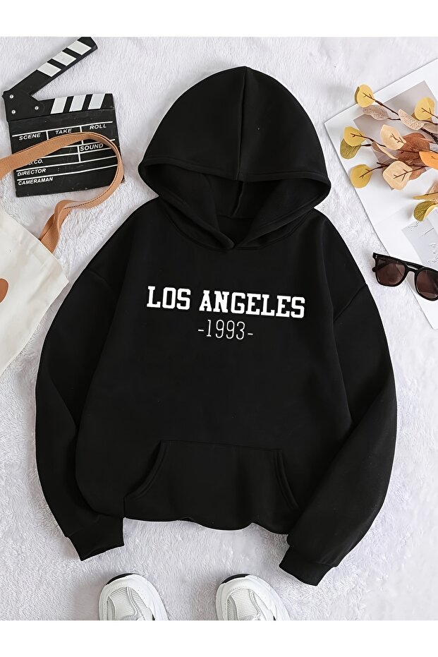 Unisex Los Angeles Baskılı Kapüşonlu Basic Oversize Swetshirt - 1