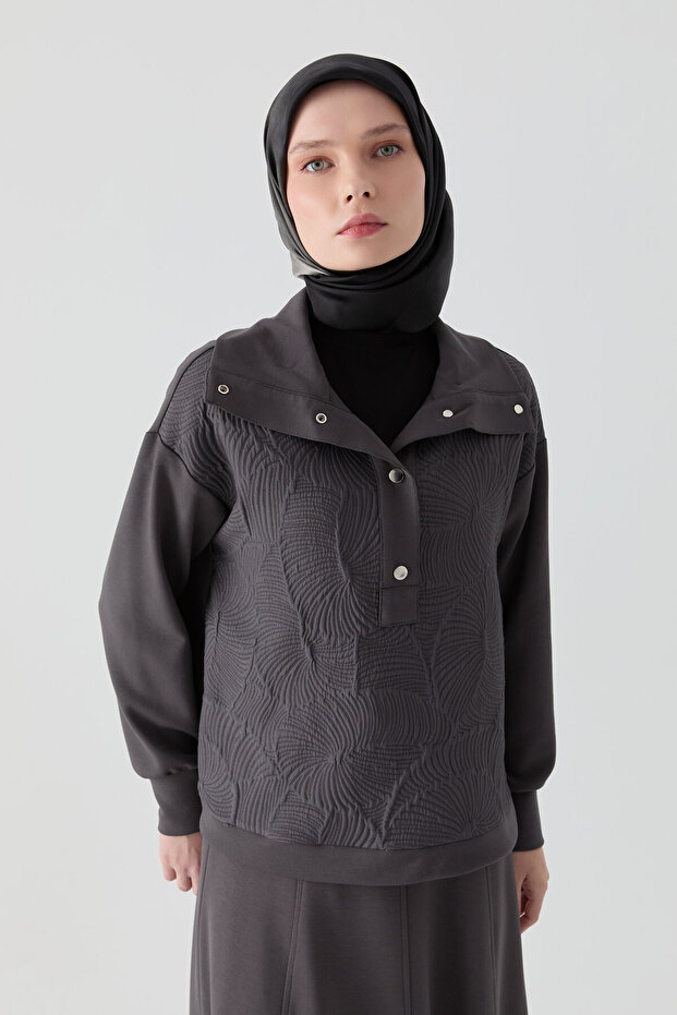 Kapitone Kombinli Örme Swaetshirt - Antrasit - 2