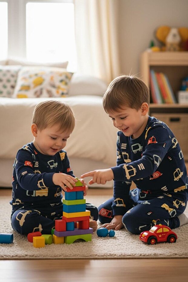Boy's Truck Car Patterned Cotton Pajama Set - Long Sleeve Navy Blue Color