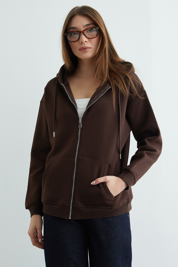 Basic Fermuarlı Kapüşonlu Oversize Sweatshirt - 6