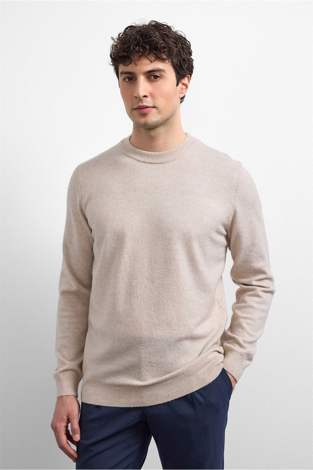 Beige Regular Fit Crew Neck Knitwear Sweater
