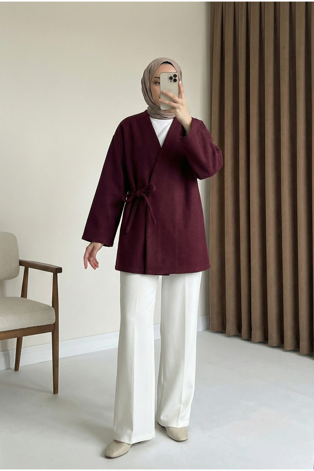 Side Tie Strap Kimono - Burgundy