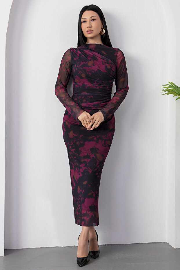 Dik Yaka Uzun Kol Tül Elbise DKS1027 - 3