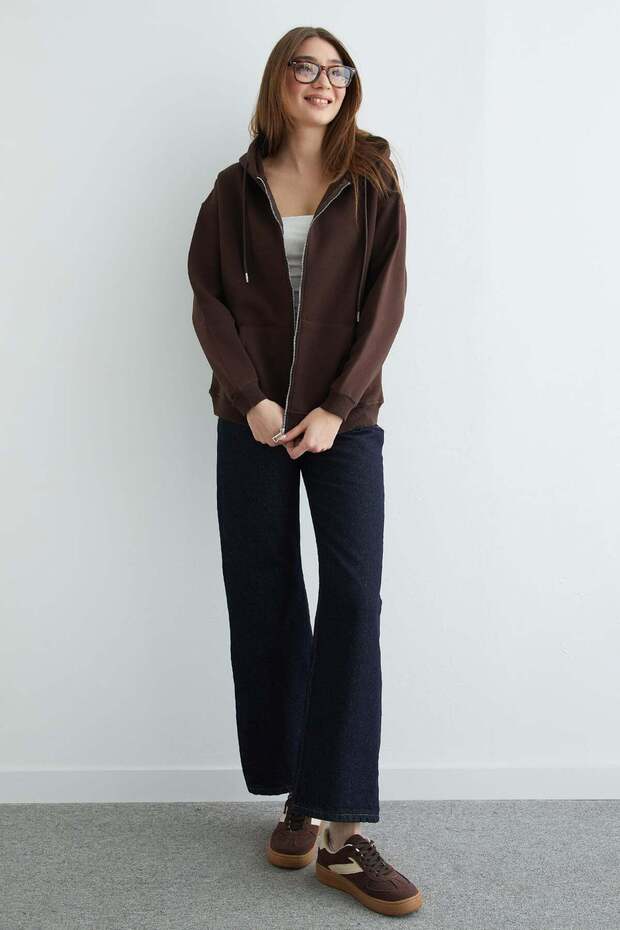 Basic Fermuarlı Kapüşonlu Oversize Sweatshirt - 5