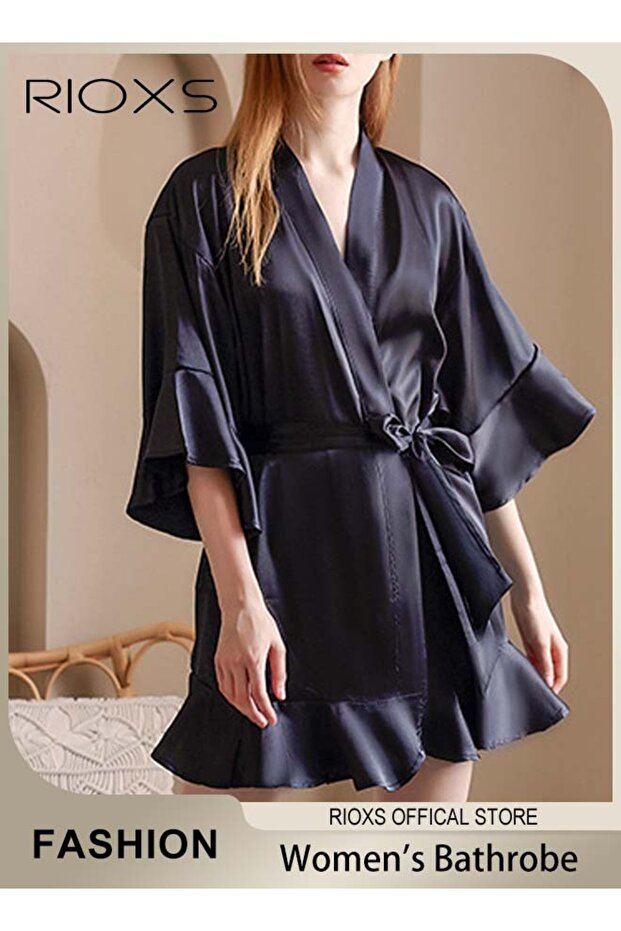 Women's Silky Satin Short Robe with Adjustable Tie and 3/4 Sleeves, Skin-friendly Lightweight Kimono