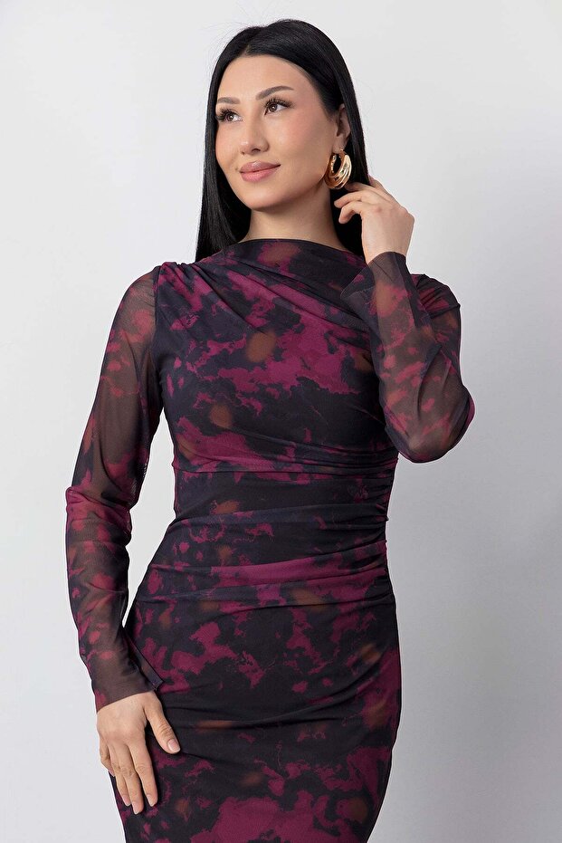 Dik Yaka Uzun Kol Tül Elbise DKS1027 - 2