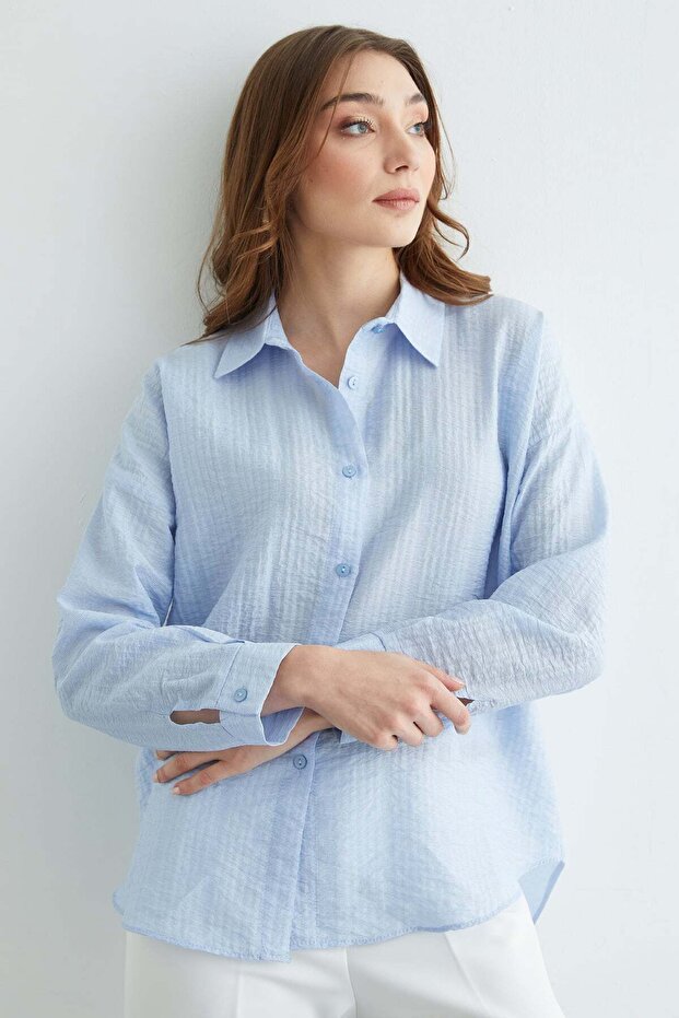 Basic Düğmeli Krinkıl Gömlek - 7