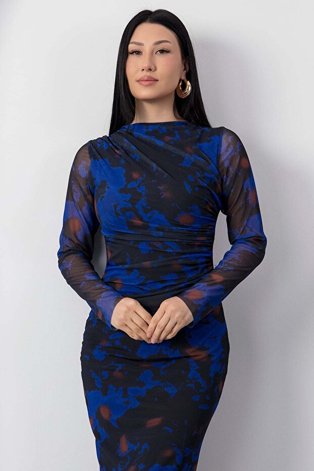 Dik Yaka Uzun Kol Tül Elbise DKS1027 - 2