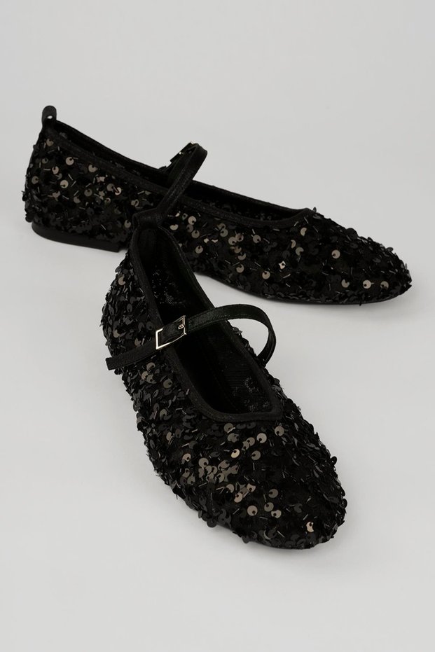 Women's Sequined Mesh Ballerinas Round Toe Ballerinas with Heel Pads Lume Black