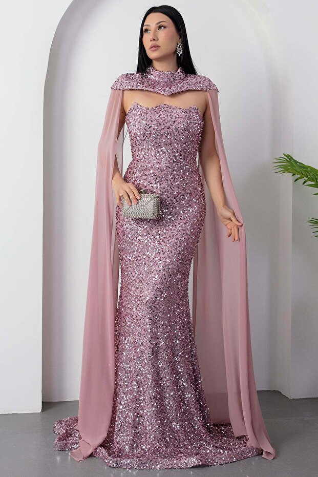 Bolerolu Straplez Yaka Pullu Tül Elbise DNS2053 - 4