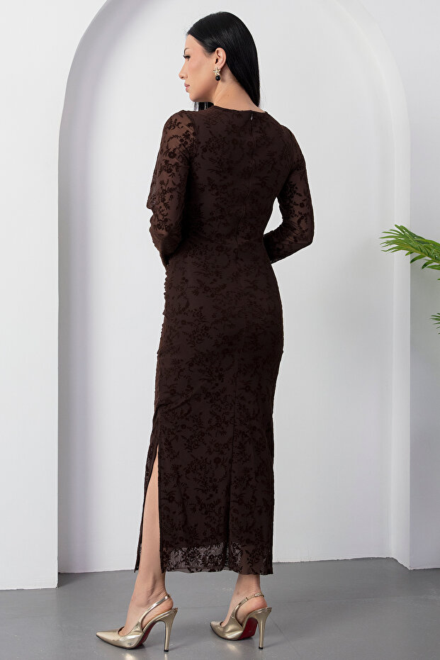 Dik Yaka Drapeli Flok Baskı Elbise DKS1392 - 8