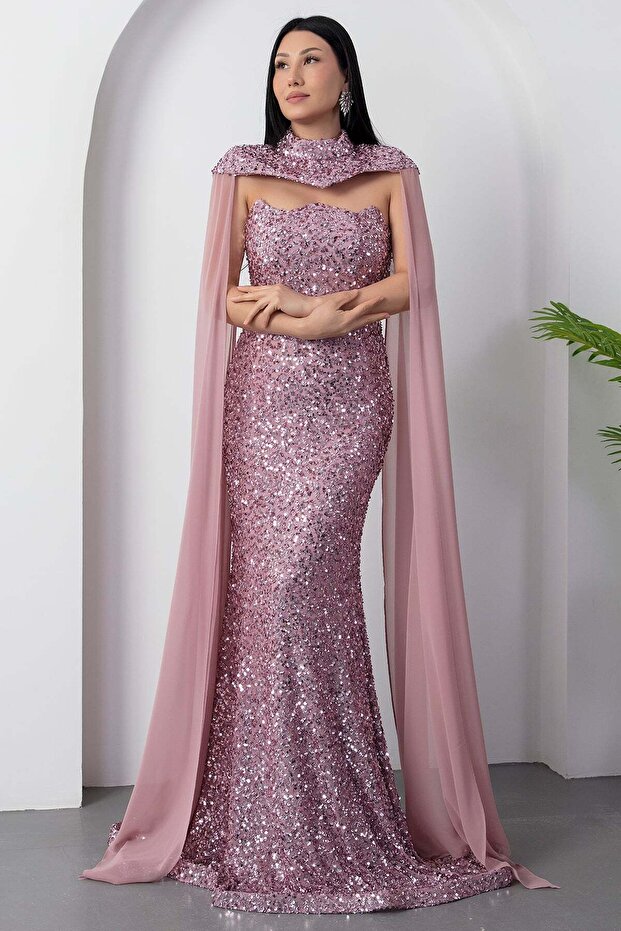 Bolerolu Straplez Yaka Pullu Tül Elbise DNS2053 - 6