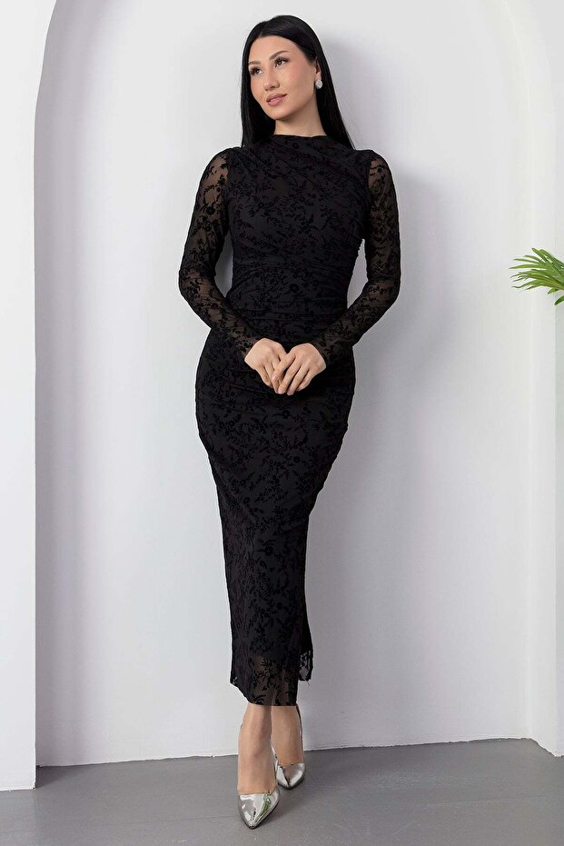 Dik Yaka Drapeli Flok Baskı Elbise DKS1392 - 4