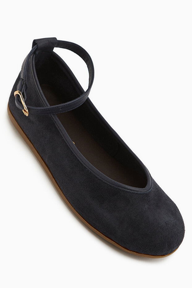 Jenin Genuine Leather Navy Blue Suede Belted Women's Ballerinas