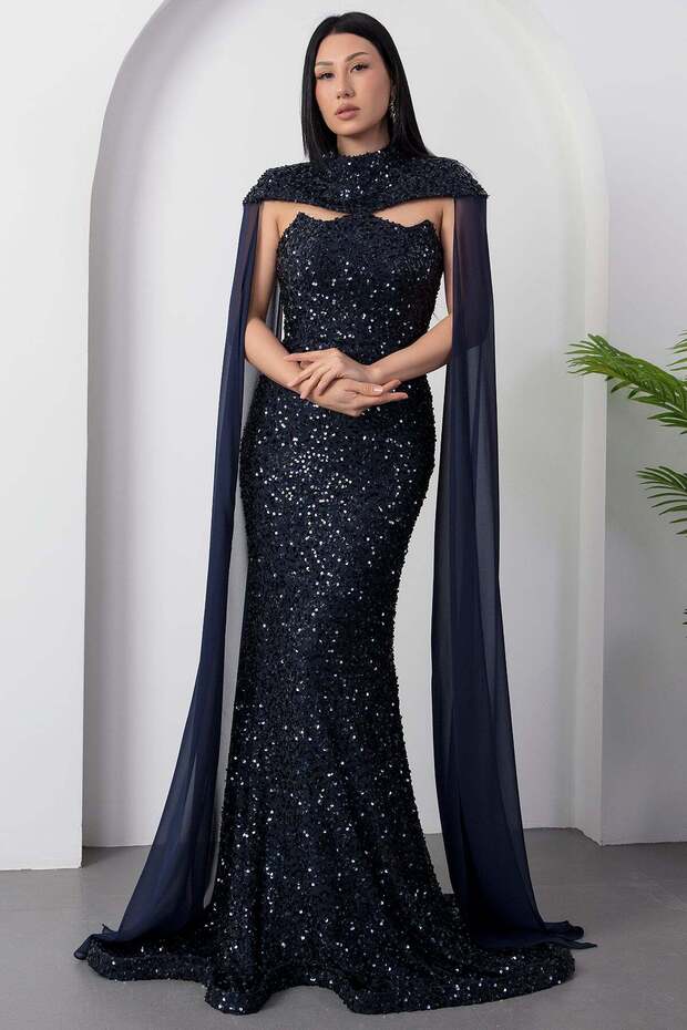 Bolerolu Straplez Yaka Pullu Tül Elbise DNS2053 - 6