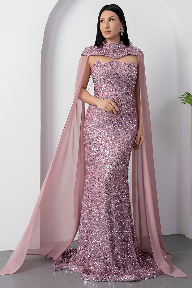 Bolerolu Straplez Yaka Pullu Tül Elbise DNS2053 - 7