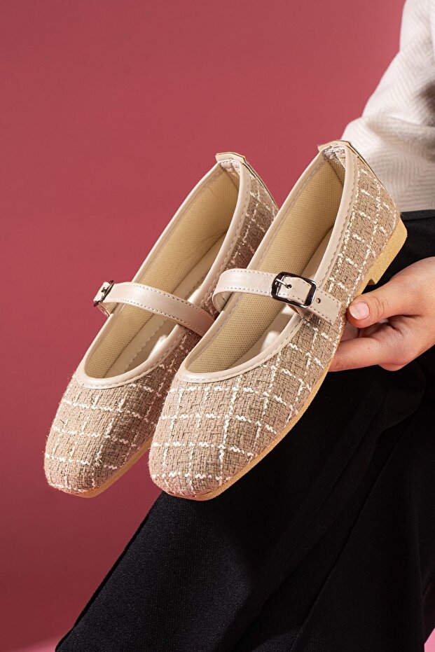 Camelia Mink Glitter Fabric Nickel Buckle Belted Ballerinas
