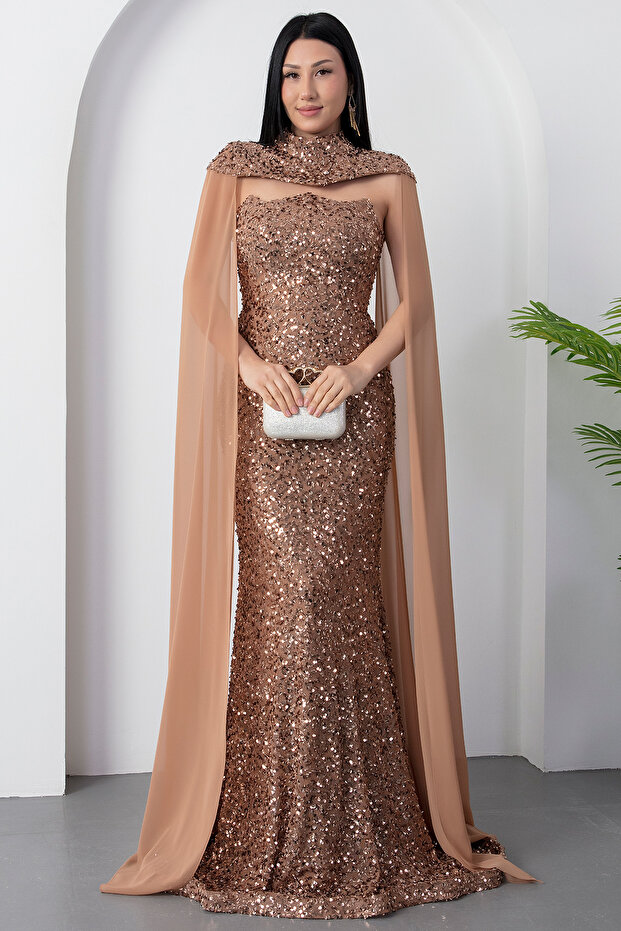 Bolerolu Straplez Yaka Pullu Tül Elbise DNS2053 - 1