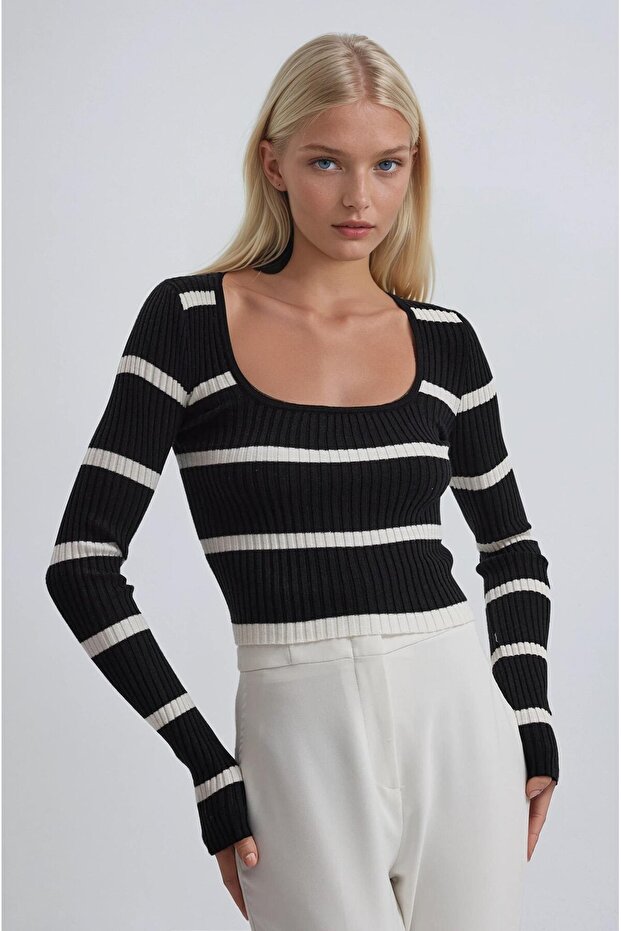Deep Neckline Striped Knit Sweater 1407