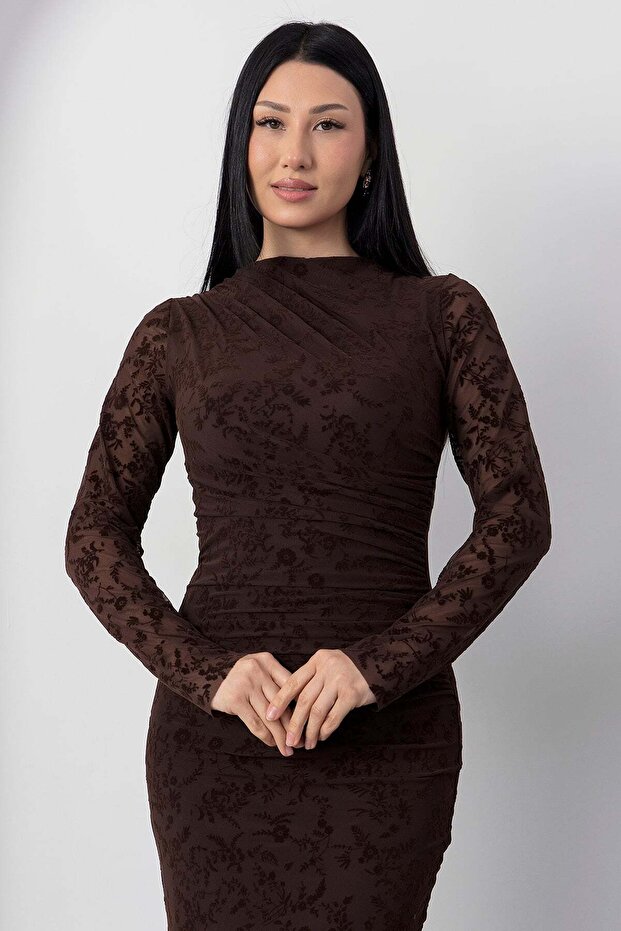 Dik Yaka Drapeli Flok Baskı Elbise DKS1392 - 2