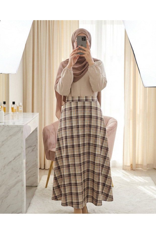 Elastic Waist Plaid Patterned Polyviscon Skirt - Brown