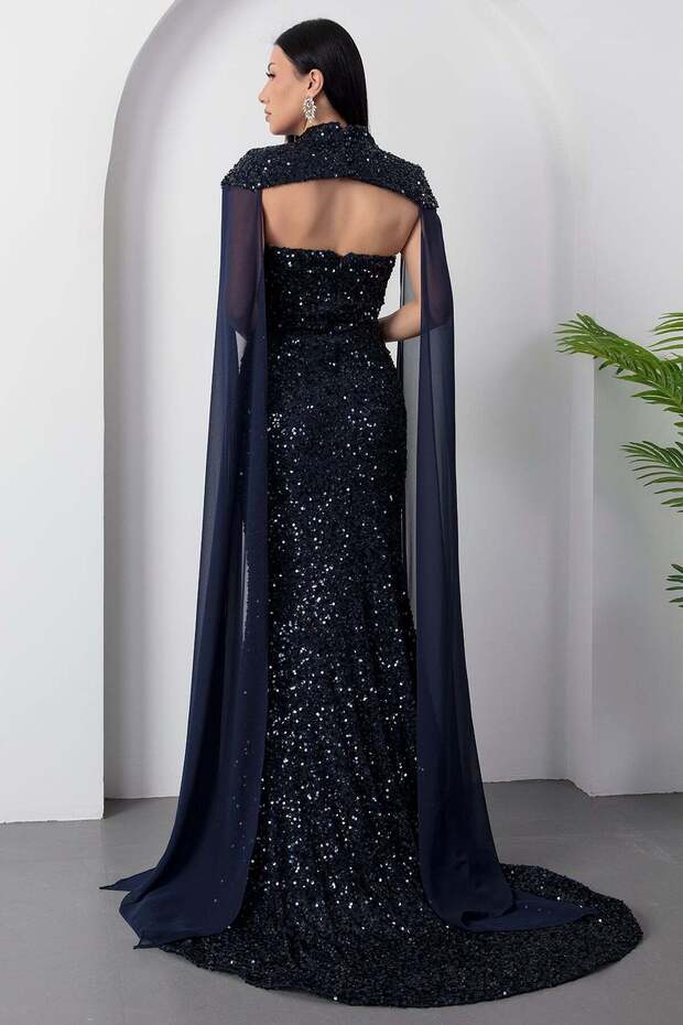 Bolerolu Straplez Yaka Pullu Tül Elbise DNS2053 - 7