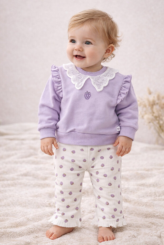 100% Cotton Purple Lace Collar Strawberry Patterned Flared Premium Baby Girl Set